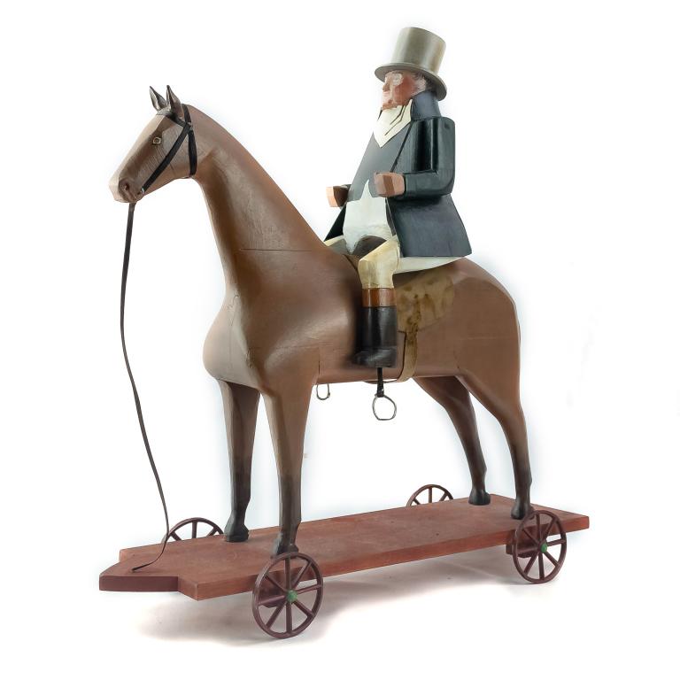 Folk Art Wood & Leather Pull Toy Horse with Rider (1 of 4)
