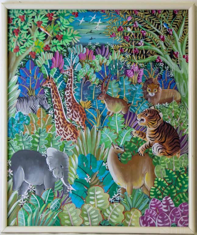VTG Haitian Folk Art Jungle Animal Scene Painting: Vintage Haitain folk art jungle scene with animals painting. Lush foliage with exotic animals including lions, giraffe, zebra, elephant and birds. Artist signature lower left. Work 24 in. x 20 in. Fra