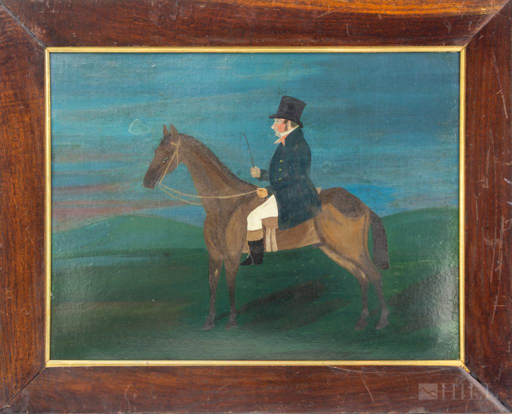 c1841 American Folk Art Horse w Rider Oil Painting (1 of 5)