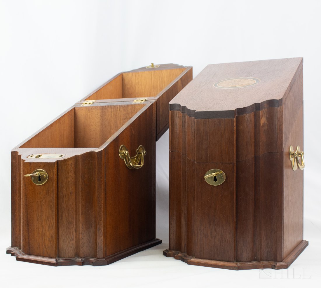 Bartley Collection Custom Mahogany Marquetry Boxes: Bartley Collection, Hepplewhite Style Mahogany Marquetry Boxes. All brass hardware and Marquetry shell motif at top. Each box includes key. (One wont open) Box: 14 1/2 in. x 8 in. x 8 in. Good conditi