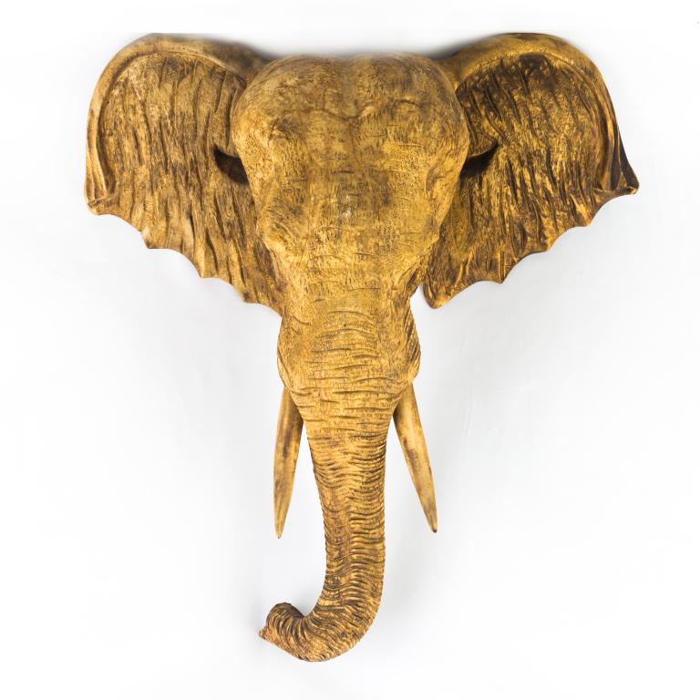 LARGE Carved Solid Wood Wall Mounted Elephant Head: Nicely detailed, hand carved wood elephant wall mount. Featuring two removable wood tusk and metal mount fixed to back, for hanging. Approximate 26 in. x 12 in. x 23 in. Good condition, showing normal