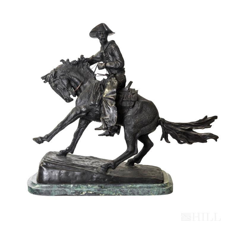 after Frederic Remington 1861-1909 Bronze Cowboy: After Frederic Remington (American, 1861-1909) Bronze horse and rider sculpture, titled "The Cowboy". Features western riding cowboy, pulling on rains, halting horse. Artist signature on bottom corner