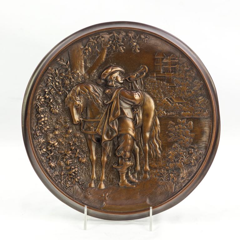 Antique Bronze Medieval Horse w/ Rider Wall Plaque (1 of 5)