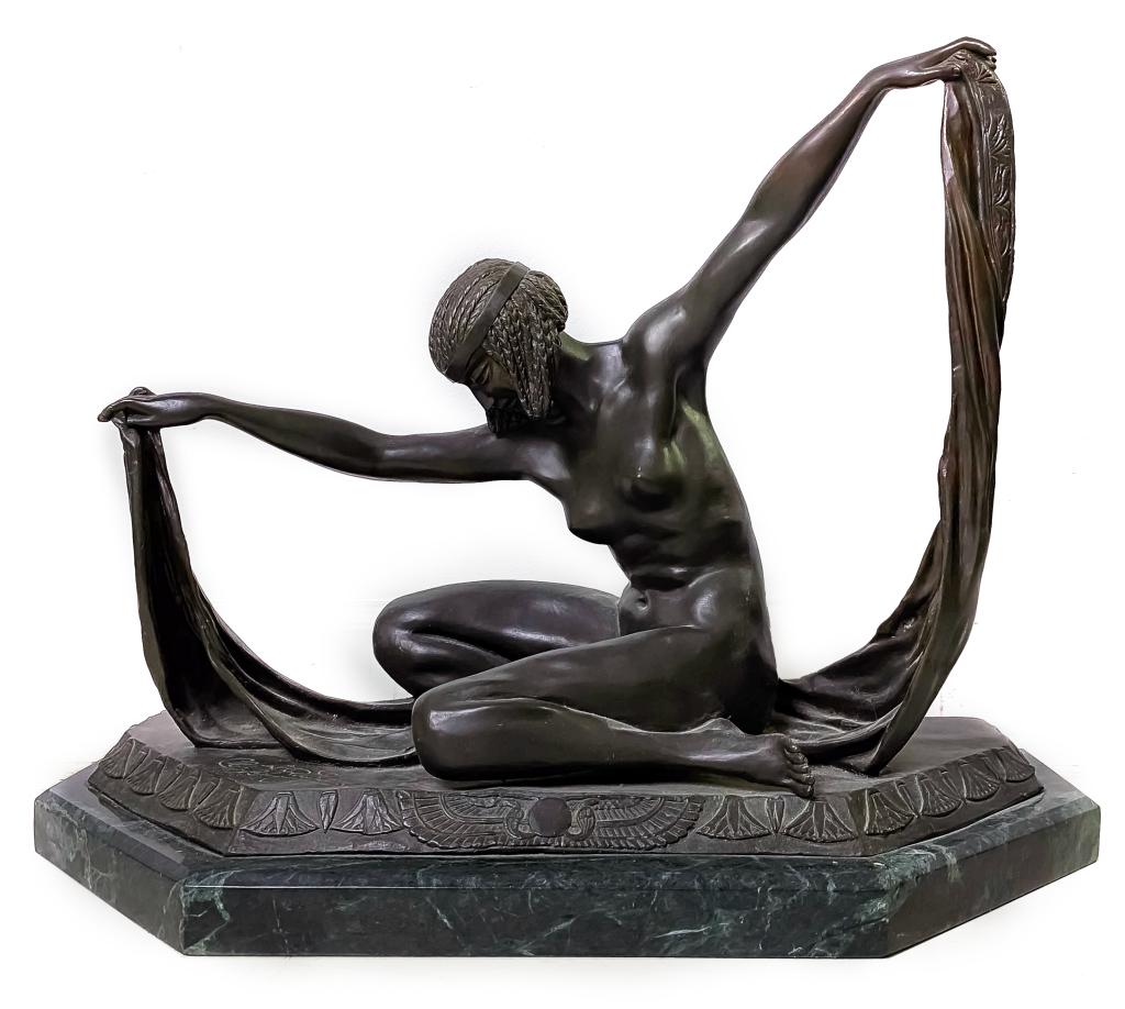 Claire Jeanne Roberte Colinet Art Deco Nude Bronze: Claire Jeanne Roberte Colinet (French,1880-1950) Early 20th Century Bronze. Titled "Isis". Depicting art deco Egyptian theme nude dancer in headdress. Fixed to green veined marble base. Artist signatu
