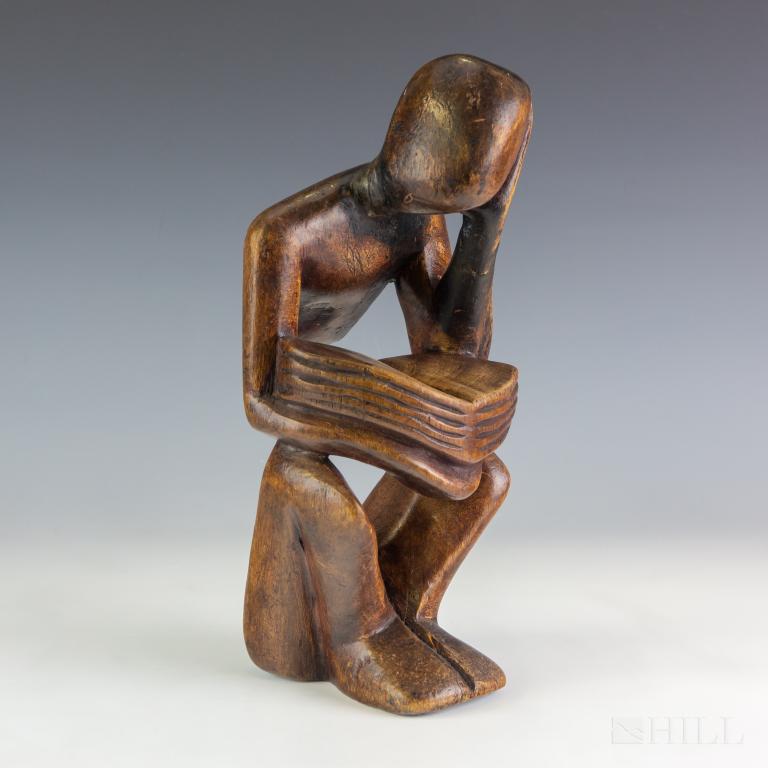 Florencio Gelabert Cuban 14" Modern Wood Sculpture: Florencio Gelabert (Cuban, 1904-1995) carved wood sculpture. Depicts a modernist stylized form of a man. Signed on verso. Sculpture: 14 in. x 6 in. x 5 1/2 in. Fair overall condition with restoration.
