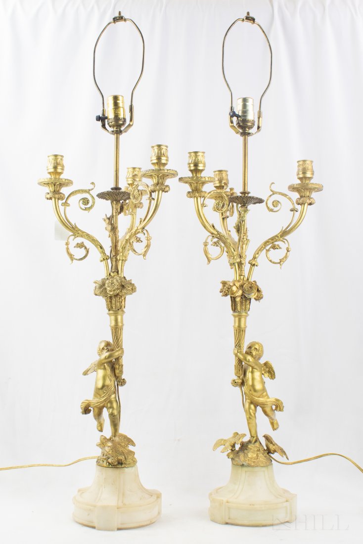 Pair French Dore Bronze Cherub Candelabra Lamps (1 of 4)