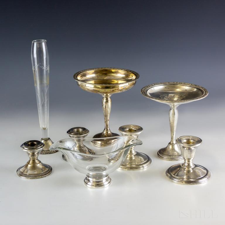 LOT Sterling Silver & Crystal Candlesticks, Vase (1 of 7)