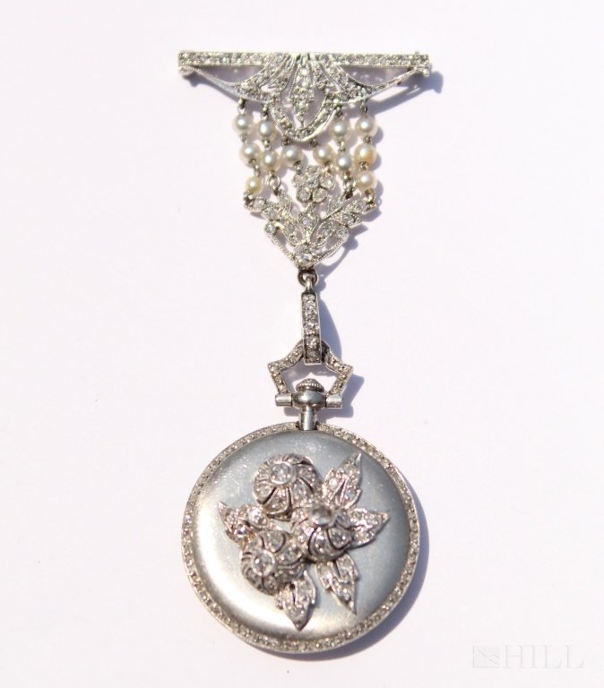 Art Deco Platinum Diamond & Pearl Brooch Watch (1 of 3)