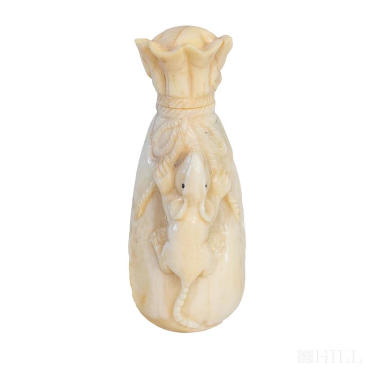 Asian Chinese Style Bone Mouse Rat 3" Snuff Bottle: Nicely carved snuff bottle in the form of a bag/satchel. Carving features a pair of playing rats. Quality craftsmanship. Top of sack twist off, displaying snuff spoon. Measures 3 in. x 1 1/4 in. Made 