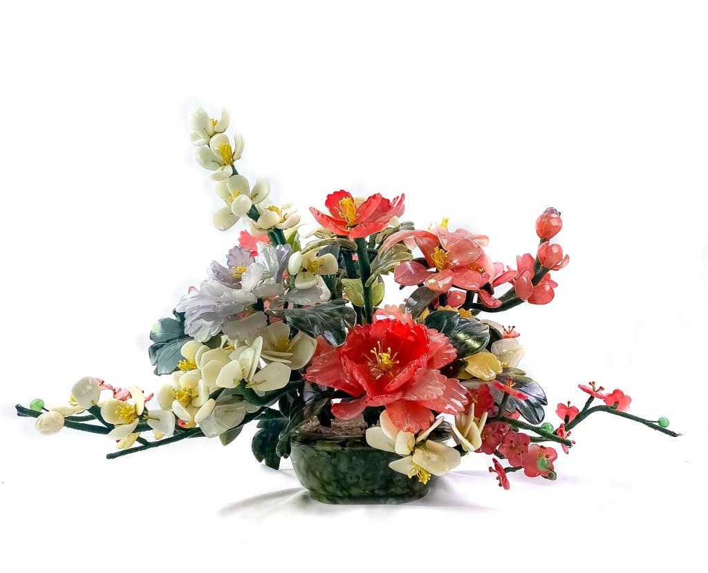 Vtg Chinese Jade Semi Precious Potted Flowers 24" (1 of 4)