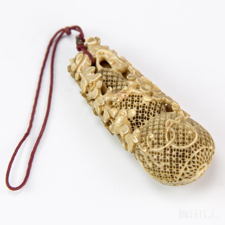 Chinese Finely Carved Gourd Bone Cricket Cage Box: Finely carved Chinese double gourd shape cricket cage. Carved out of natural bone material. Features a very fine pierced design of quatrefoils and blossoms with branches and scrolling vines. Comes wit