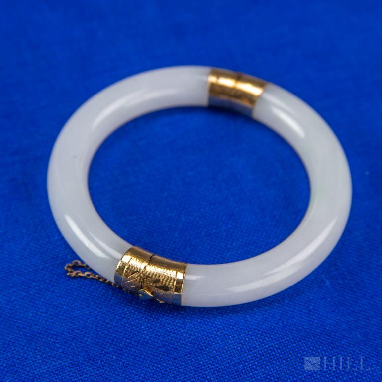 Chinese White Jade Bangle 14k Gold Heart Clasp (1 of 5)