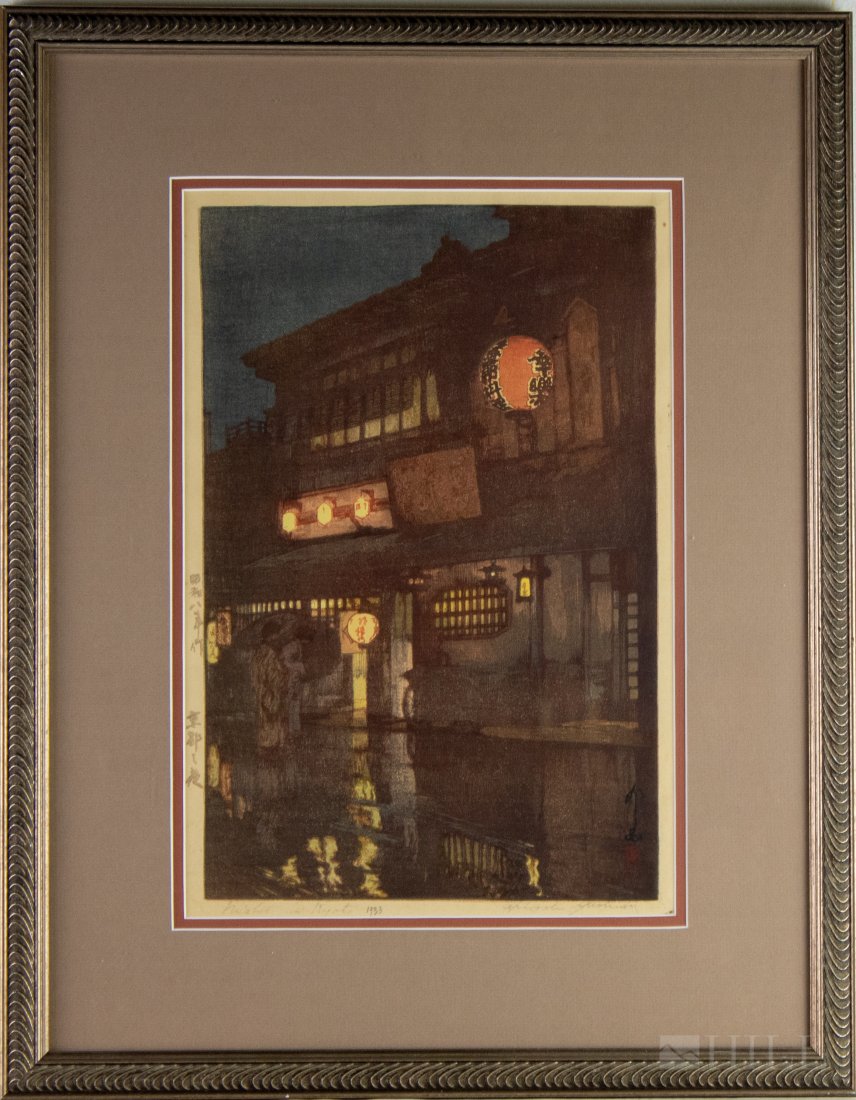 Hiroshi Yoshida Japanese 1876-1950 Woodblock Print: Japanese woodblock print by Hiroshi Yoshida (1876 - 1950) Massachusetts, Japan. Titled "Night In Kyoto". Dated 1933. From the Kansai District Series. Signed in pencil lower right. Gallery label on ver