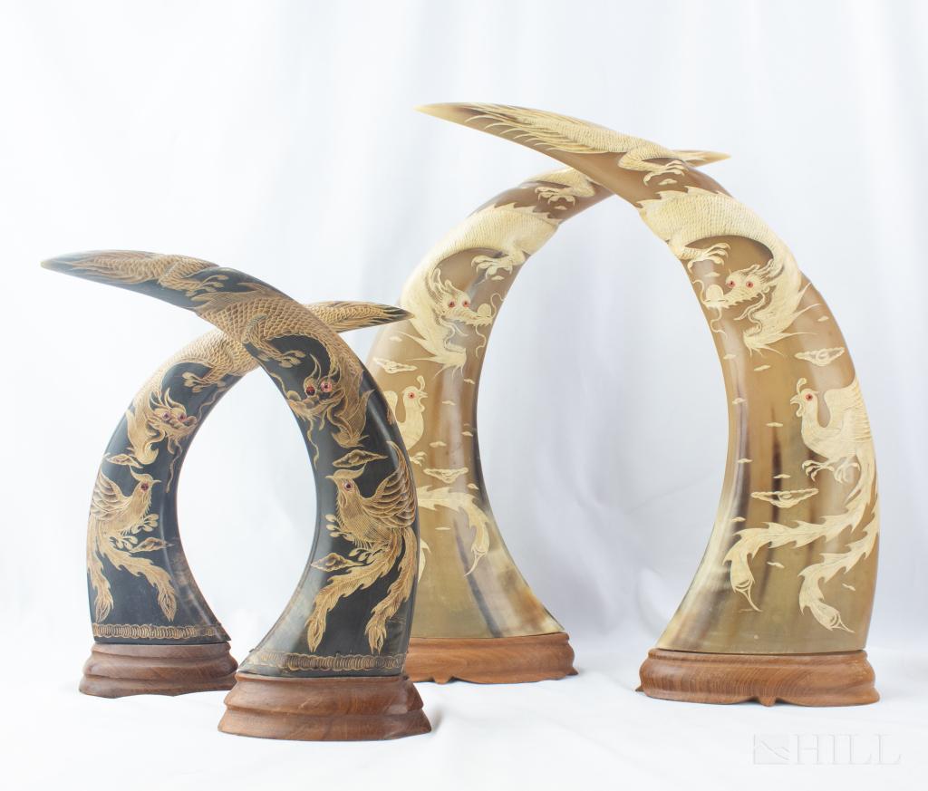 2 Pair Asian Chinese Carved Dragon Birds Ox Horns (1 of 5)
