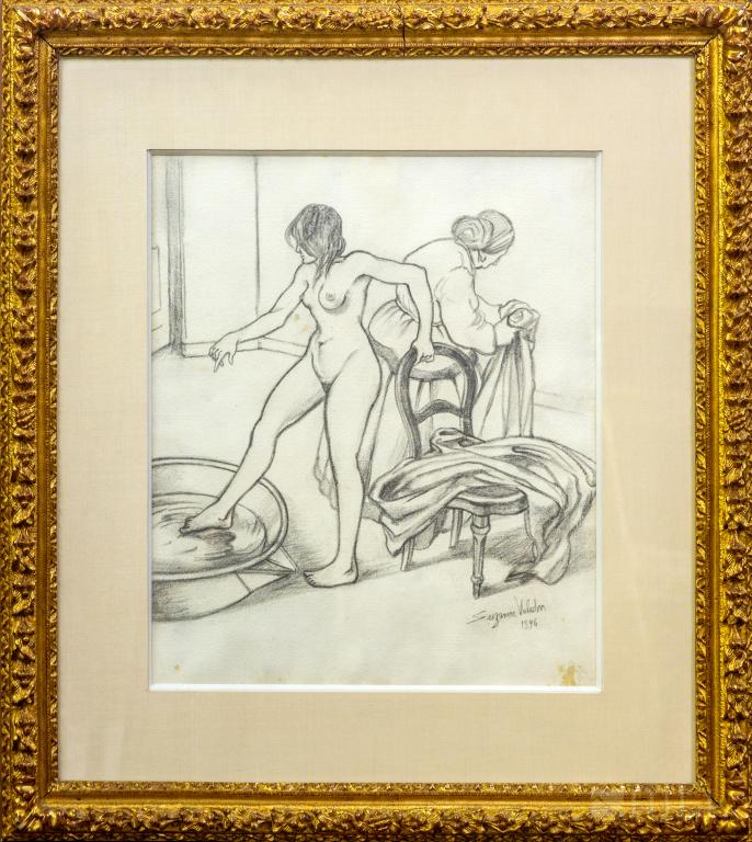 Suzanne Valadon "Suzanne Au Bain" Pencil Drawing: Suzanne Valadon (French, 1865 - 1938) Original pencil on paper drawing. Features the work titled; Suzanne Au Bain. Depicts a nude woman stepping into a bath. Signed lower right and dated 1896. Work: 1