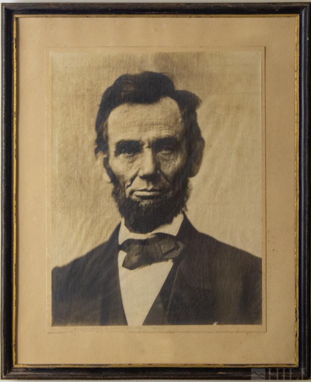 Photographic Portrait Of Abraham Lincoln By M Rise: Moses Parker Rise (1839-1925) photographic portrait of Abraham Lincoln on mounted tissue paper. Inscription in pencil bottom center reads "Unretouched portrait by Moses P Rice 1864 copyright". Framers