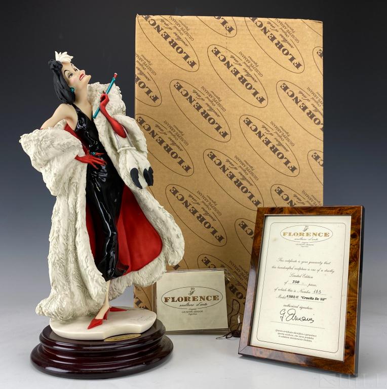 Giuseppe Armani Disney Crella De Vil #1503 w/Box: Giuseppe Armani Disney "Cruella De Vil" #1503/C. Ltd Ed # 173/750 with COA. Artist Signed TWICE Giuseppe Armani. Depicts a cheeky faced, evil Cruella De Vil, standing in a presumptuous pose, smoking h