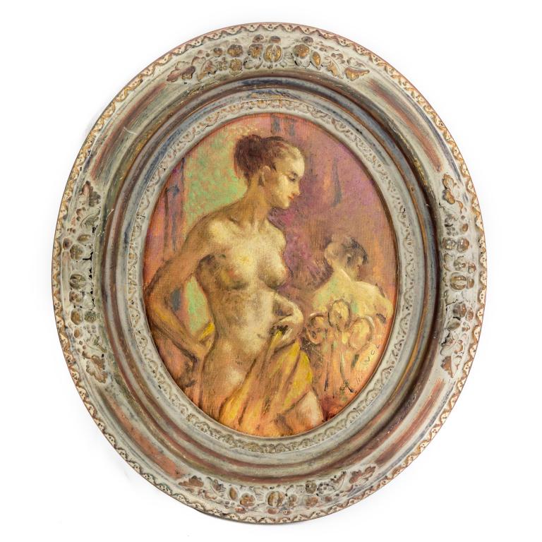 Harold Wolcott Nude Social Realist Oil Painting: Signed original oil on board painting by Harold C. Wolcott (1898-1977 New York / Connecticut) "Nude Study" depicts a female nude in the social realism style. Artist signature lower right. Signed and t