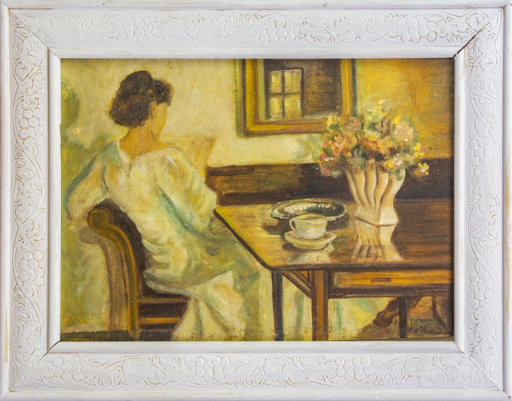 Mystery Artist Figural Interior Room Oil Painting: Antique oil on panel painting. Depicts a woman seated at a table with bowl and flowers. Signed lower right. Work: 15 in. x 20 in. Frame: 20 1/2 in. x 26 in. Good / fair overall condition with wear to 