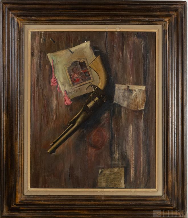 Trompe L'oeil Impala Revolving Pistol Gun Painting: Mystery artist mixed media painting on canvas. Depicting newspaper clippings, a picture with tassels, and antique revolving pistol gun hanging on a wall. Signed. Site: 20 in. x 14 in. Frame: 28 in. x