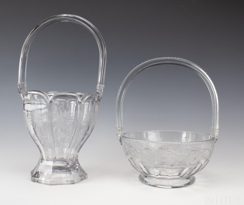 LOT of 2 Rare Heisey Etched Glass Handled Baskets (1 of 4)