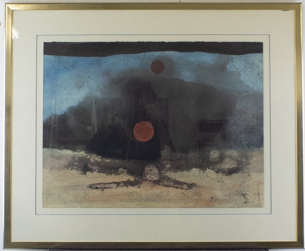 Mystery Artist Abstract Expressionist Painting: Vintage mystery artist signed abstract expressionist style watercolor sunrise painting. Artist signature lower right. Work 18 in. x 24 in. Frame 27 in. x 33 in. Good condition with mild surface wear. 