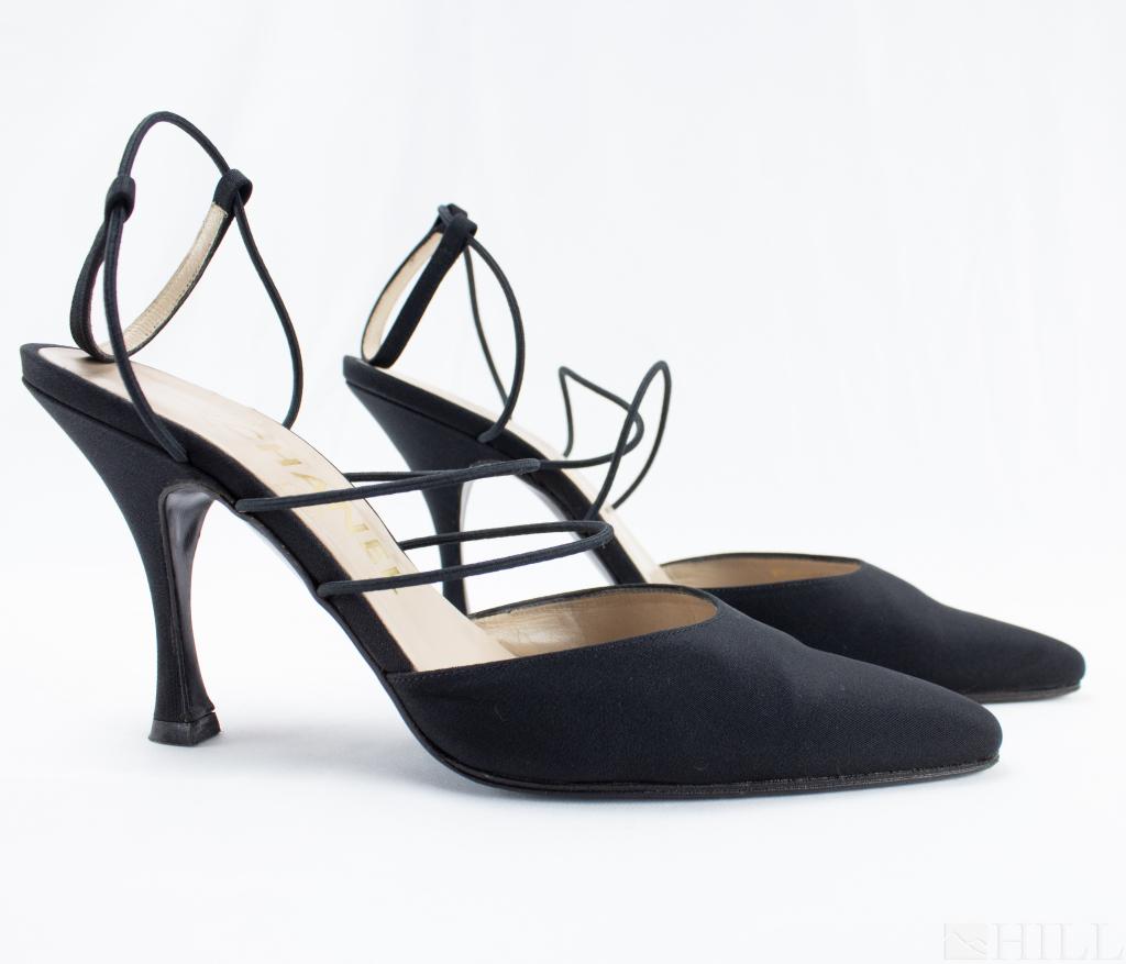 Chanel Blk Satin Pointed Toe Sling Back Heels 6 (1 of 6)