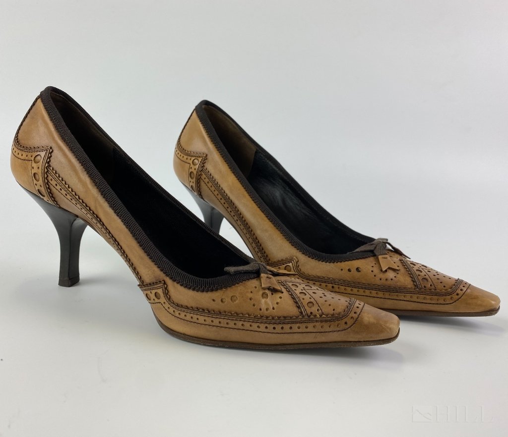 Prada Brown Leather Stitched Ribbon Heels Size 36 (1 of 5)