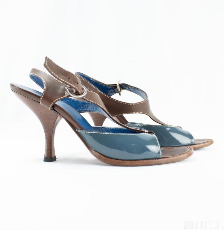 Prada Brown Blue Patent Leather Sandals Pumps 35.5 (1 of 4)
