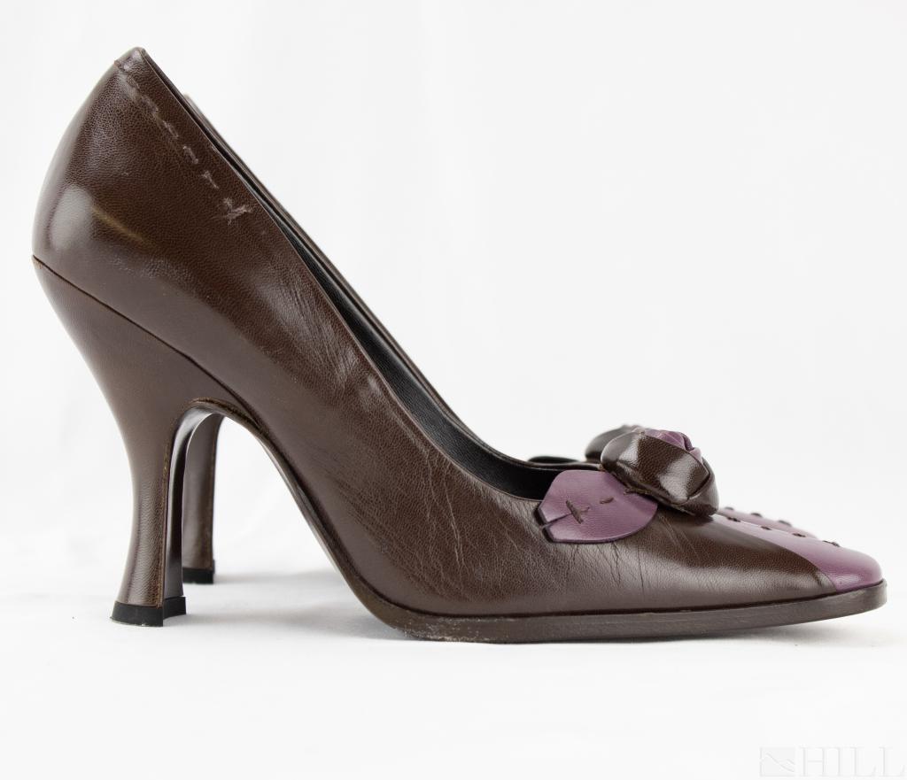 Prada Purple Brown Leather Flower Heeled Pumps 35 (1 of 5)
