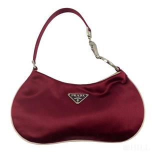 Prada Mini Maroon Silk Vintage Evening Bag Purse: Authentic Prada mini maroon red silk purse, evening bag. Featuring silver-tone hardware, magnetic top closure, and white silk lining and interior side pocket. Includes dust bag. Mini purse approximate