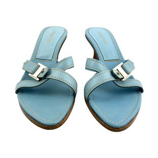 Sergio Rossi Blue Leather Strap Sandals Size 36: Authentic Sergio Rossi ski blue leather strappy sandals. Size: EU 36 (Approximate) insole: 9 1/2 in. Heel height: 2 in. Sandals feature buckle over toe with light gold hardware. Marked "Sergio Rossi,