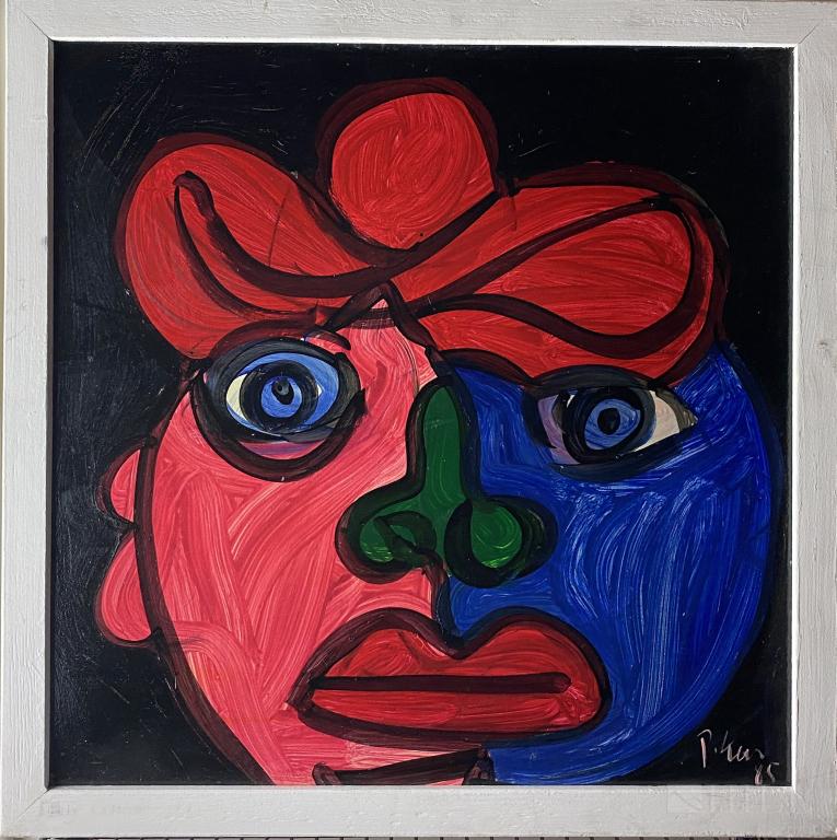 Peter Keil (German,B1942) Melancholy Lady Painting: Peter Robert Keil (German / American, Born 1942) Neo-Expressionist. Original portrait painting on board. Signed and dated '85 lower right. Titled on verso "Melancholy Lady" with COA. Board : 24 in. x