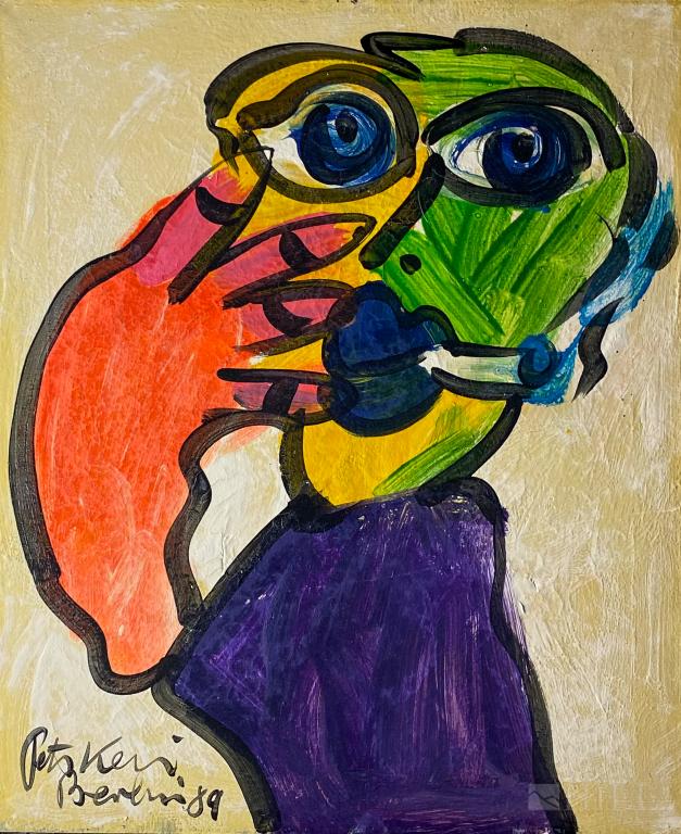 Peter Keil (German, B.1942) Inspector Oil Painting: Peter Robert Keil (German / American, Born 1942) Neo-Expressionist. Original portrait painting on canvas. Signed and dated '89 Berlin lower left. Titled on verso : "Inspector". Canvas : 24 in. x 20 in