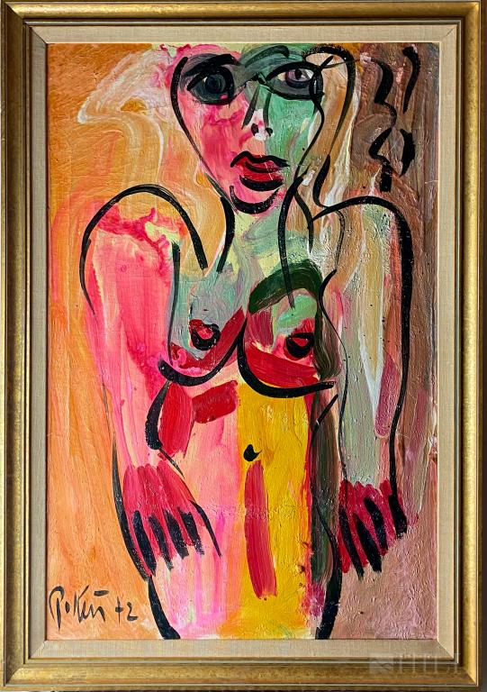 Peter Keil (German B1942) Female Nude Oil Painting: Peter Robert Keil (German / American, Born 1942) Neo-Expressionist. Original female nude portrait painting on canvas. Signed and dated '72 lower left. Titled on verso "Nude 1972". Canvas : 34 in. x 22