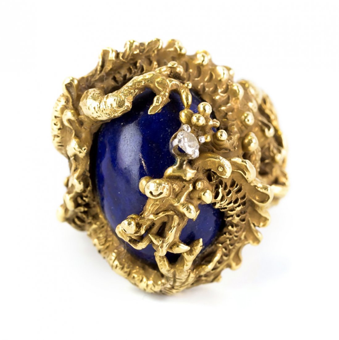 Erwin Pearl 18k Gold Diamond Lapis Dragon Ring S 5: Vintage 18k gold and gemstone ring by Erwin Pearl. Features a large blue lapis cabochon with a diamond studded dragon coiled over it. Ring face measures 1 in. Marked E.Pearl 18k. Weighs 28.7 grams. Si