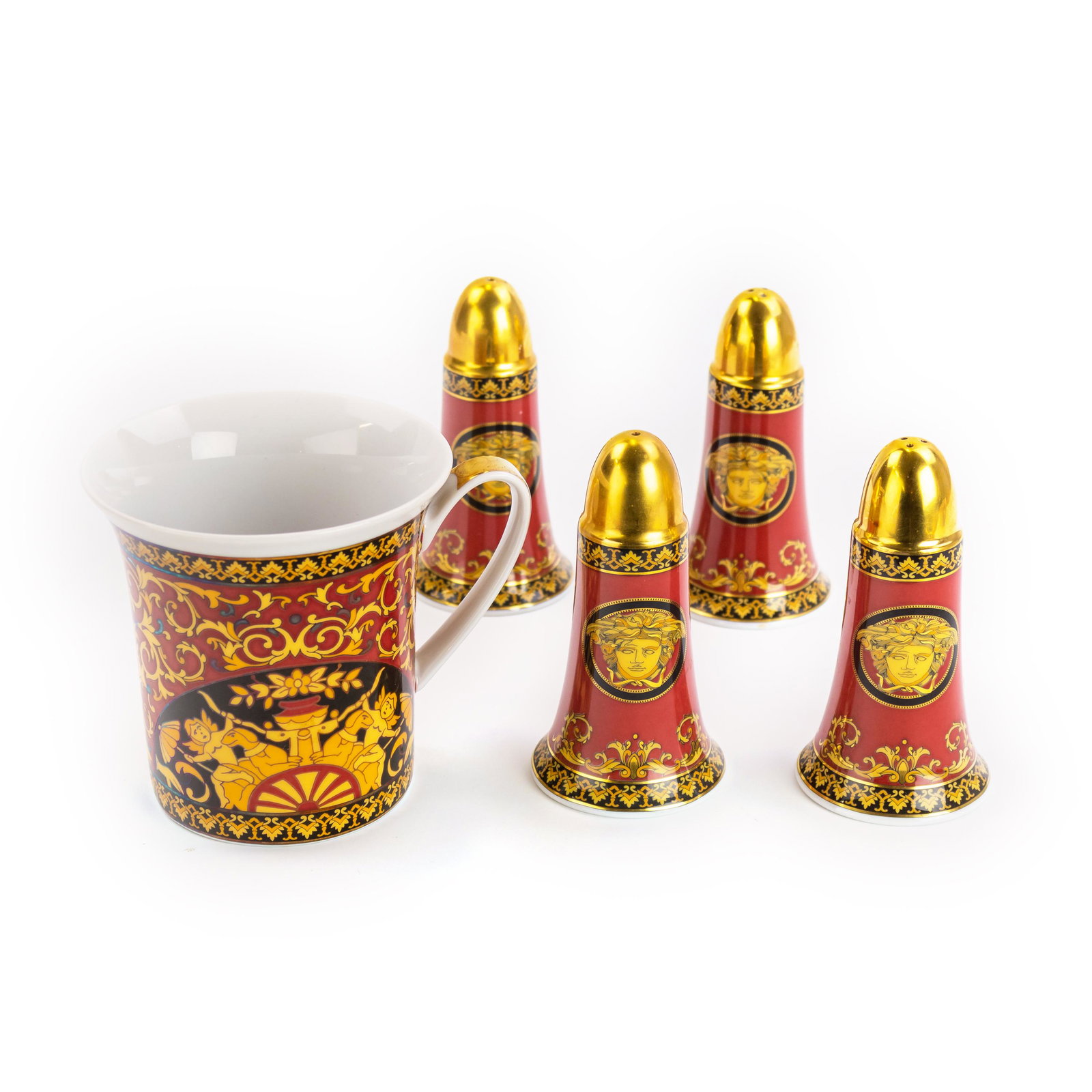 5 Versace Rosenthal Medusa Salt Pepper Shaker Mug: Lot of five pieces designed by Versace for Rosenthal. Crafted of fine quality German porcelain. Features the "Medusa" pattern in red with black and gold accents. Lot includes 2 pairs of salt and peppe