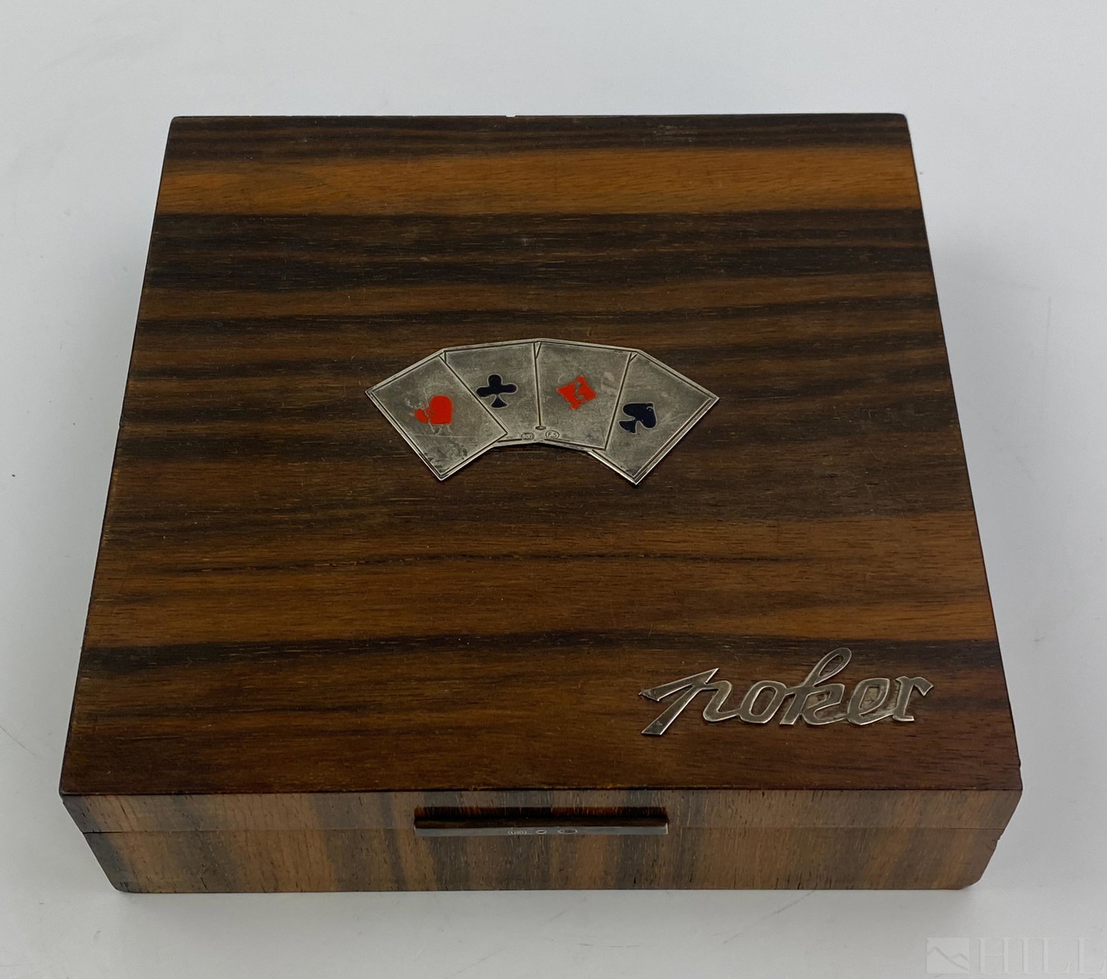Italian .800 Silver, Enamel, Wood Poker Gaming Box: Fine vintage Italian playing card box. Features wood body and lid embellished with .800 fine silver and enamel decoration in the form of playing cards as well as reading "Poker" in silver. Opens to co