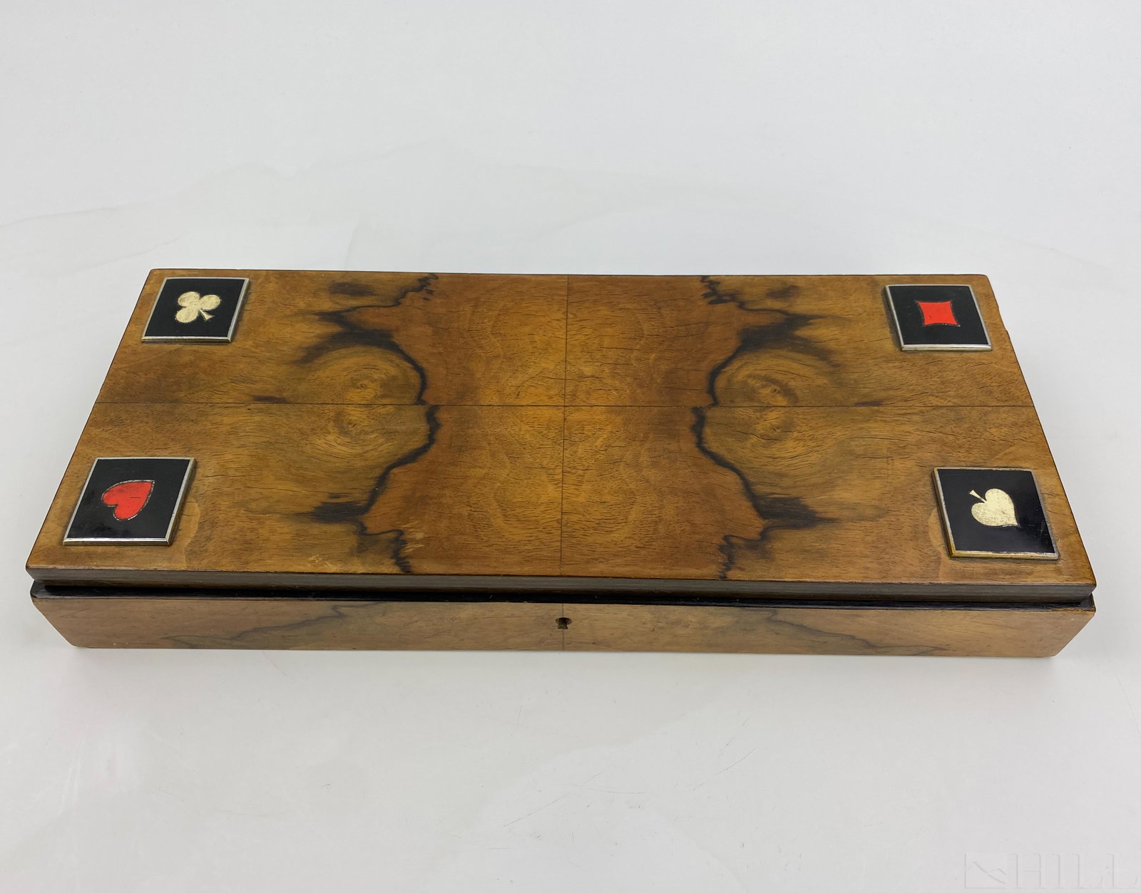 Fine Enameled Metal & Wood Gaming Playing Card Box: Fine vintage cloisonne enamel and wood box. Features enameled metal panels representing clubs, hearts, diamonds, and spades. Comes with lock but no key. Measures 2 in. x 14 in. x 6 in. Good overall co