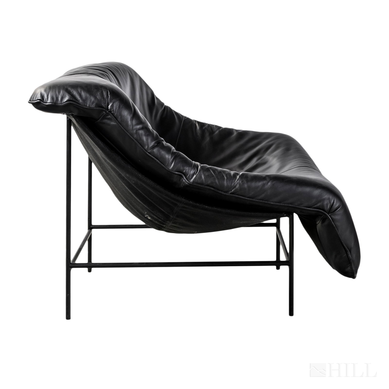 Gerard Van Den Berg Black Leather Butterfly Chair: Gerard Van Den Berg black laeather lounge chair. Features the Butterlfy form with steel tube frame and leather cushion. Unmarked. Measures 43 in. x 30 in. x 38 in. Good overall condition with minor we