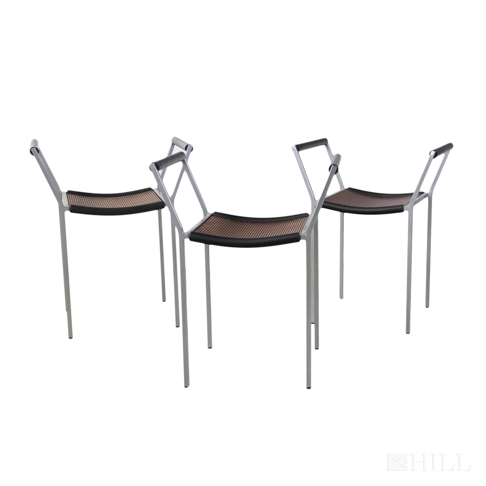 Maurizio Peregalli Savonarola Zeus Noto (3) Chairs: Maurizio Peregalli chair for Zeus Noto. Features savonarola steel square tube frame, epoxy painted black. Seating in grooved & stained mahogany. Arms in black extruded rubber. Measures 27 in. x 21 in.