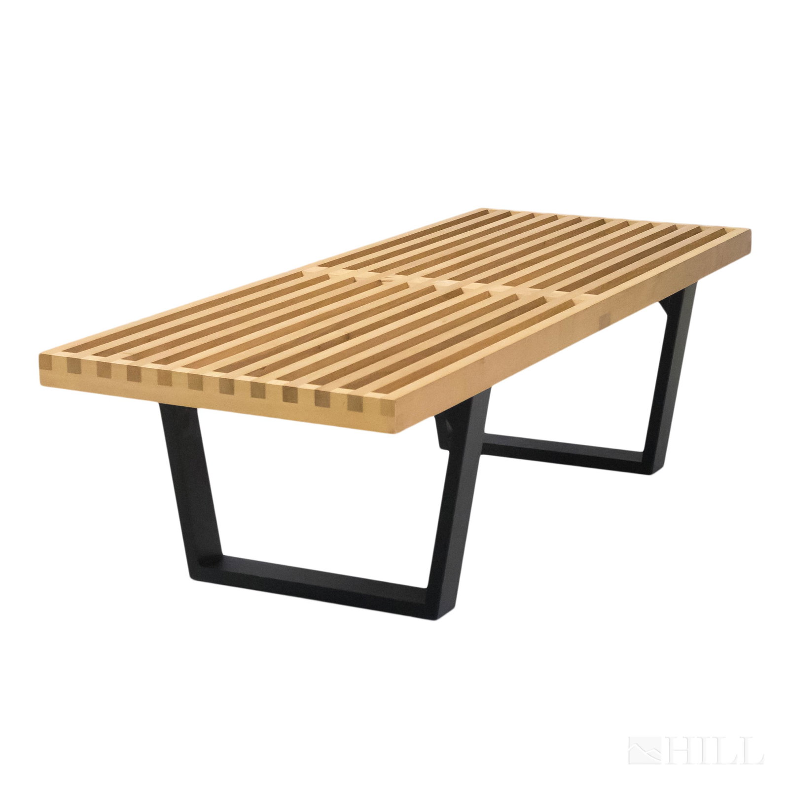 George Nelson Herman Miller Style Platform Bench: Platform bench in the modernist style of George Nelson. Features a light wood seat and dark colored base. Bench 13 1/2 in. x 18 1/2 in. x 47 1/2 in. Unmarked. Good overall condition with minor wear. H