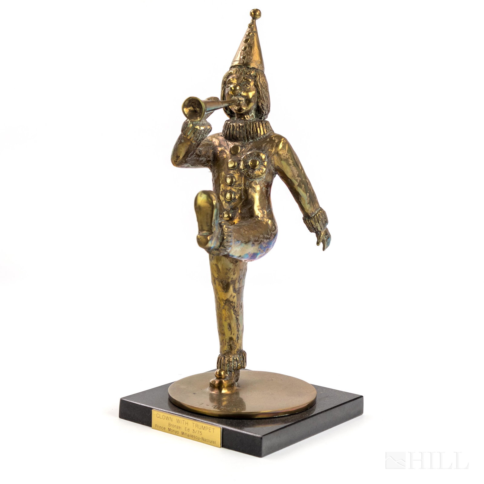 Prince Monyo Mihailescu-Nasturel Bronze Sculpture: Signed bronze modernist sculpture by Prince Monyo Simon Mihailescu-Nasturel (1926- Romania) "Clown with a Trumpet" depicts a circus clown playing a trumpet in polished bronze. Limited edition number 9