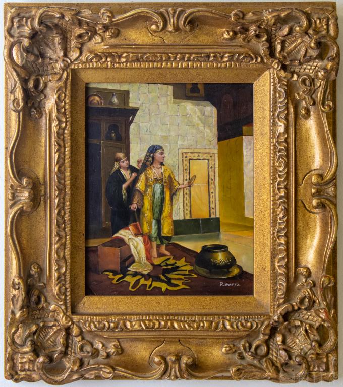 D. Goetz Orientalist Egypt Oil Masonite Painting: D. Goetz (20th Century) oil on masonite painting. Depicts an Orientalist scene with a woman in Egyptian looking garb. Signed lower right. Work: 9 1/2 in. x 7 1/2 in. Frame: 17 in. x 15 in. Good overal