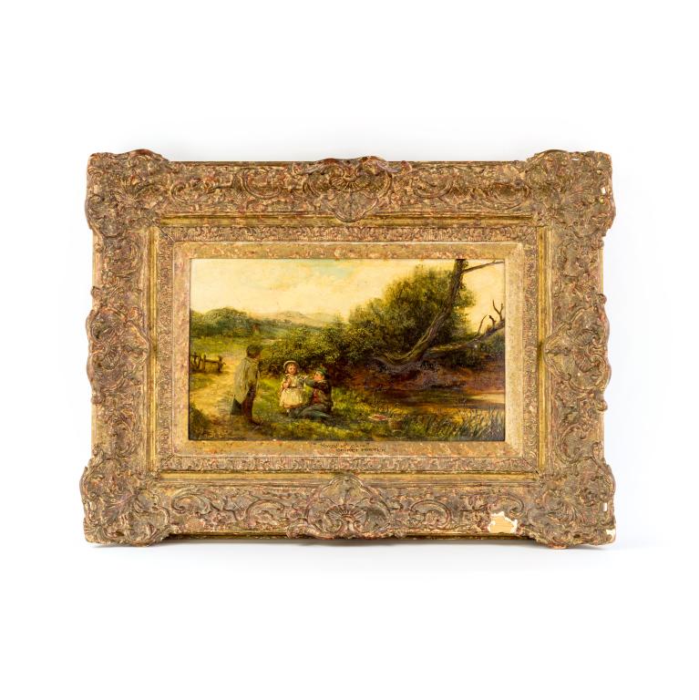 Birket Foster Oil On Panel Kids Fishing Painting: Myles Birket (Birkett) Foster (English, 1825-1899) oil on panel painting. Depicts a group of young children fishing. Monogrammed lower left and reads "Young Anglers" Birket Foster, lower center. Work: