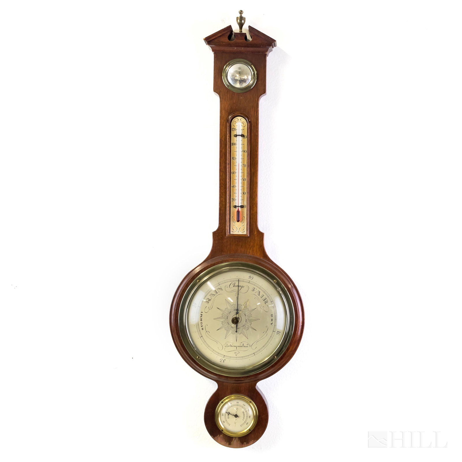 Airguide Solid Mahogany Cased Early Wall Barometer: Vintage Airguide Barometer. Case crafted of mahogany. Small convex mirror on top with thermometer and barometer in the colonial style. Measures approximately 29 1/2 in. x 9 in. Good condition with mil