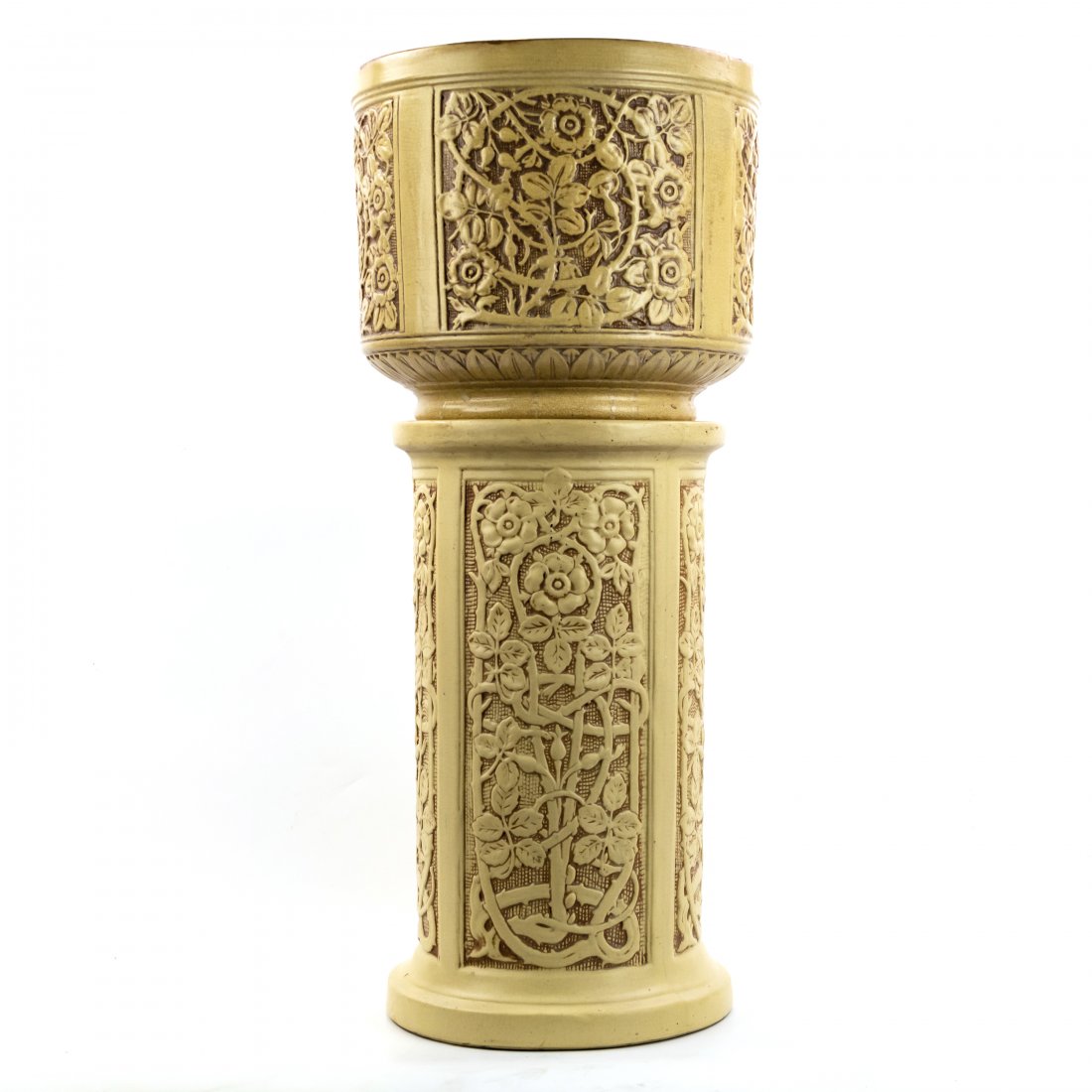 Weller American Art Pottery Jardiniere & Pedestal: Vintage jardiniere and pedestal stand by Weller. "Ivory" pattern with ornate rose and vine design. Resembles a Medieval style European carved ivory. Unsigned. Jardiniere pot 11 1/2 in. x 10 in. Pedest
