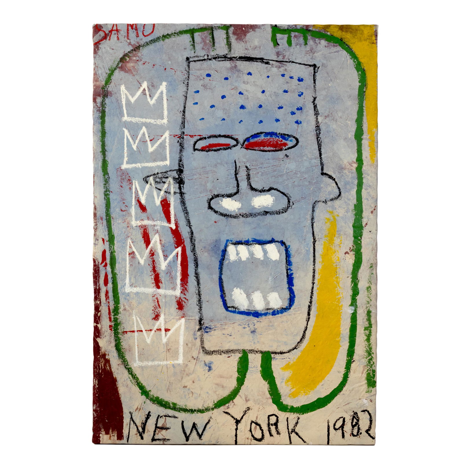 New York NY 1982 Tribute to Jean Basquait Painting: 20th Century original painting on canvas in the style of Jean Michel Basquiat. Signed SAMO, upper left - dated 1982, New York, lower center right. Work: 62 in. x 42 in. Unframed. Good overall conditio