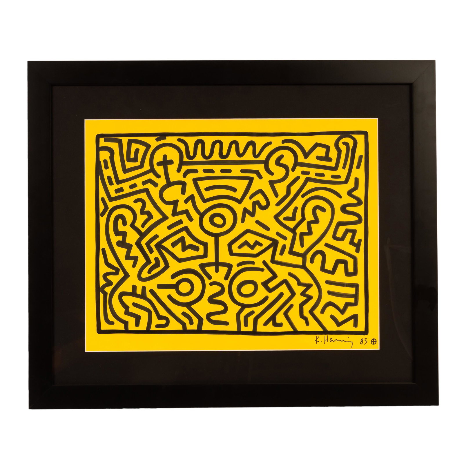 Pop Modern NY Graffiti Painting after Keith Haring: 20th Century American pop art painting on paper in the style of Keith Haring. Depicts black abstract figures on a bright yellow ground. Bears signature lower right. Work: 15 in. x 19 in. Frame: 23 in.