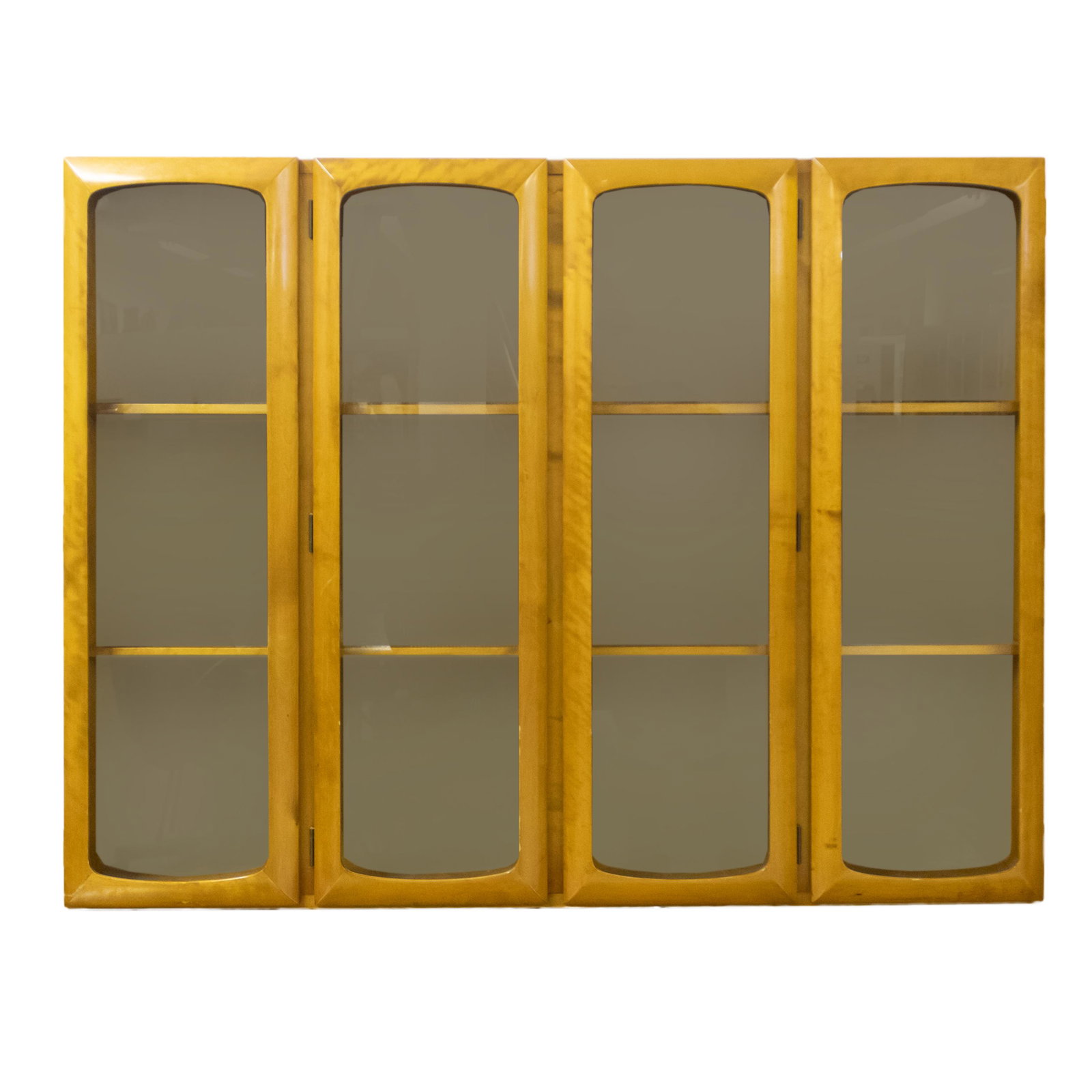 Edmond Spence Curio China Hutch Cabinet - TOP ONLY: Vintage Mid Century Modern curio cabinet. Blond maple block front in Danish Modern style. Variously attributed to William Hinn and Jorgen Clausen. This Lot is the top half of the sideboard credenza dr